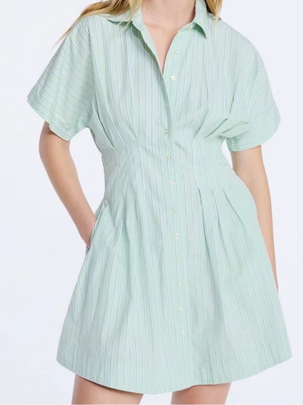 Free Assembly Women's Cotton Corset Mini Shirtdress Short Sleeves Green Stripe